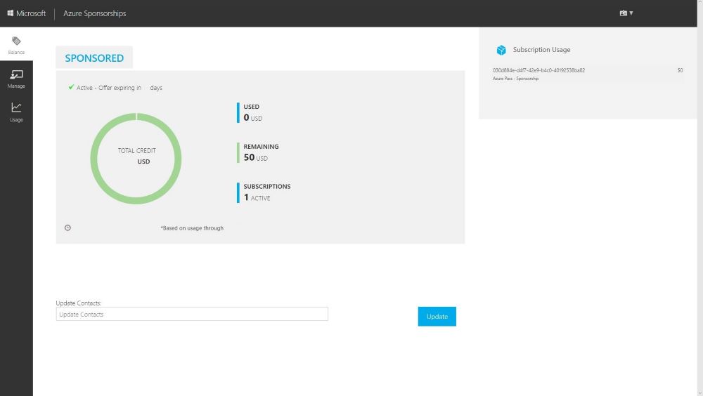 screenshot showing azure Azure Sponsorship Page